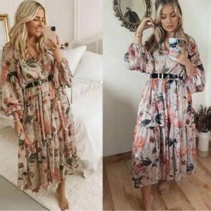 H&M Conscious SS2020 Chiffon Long Wide Dress Powder Pink Floral BLOGGER TREND